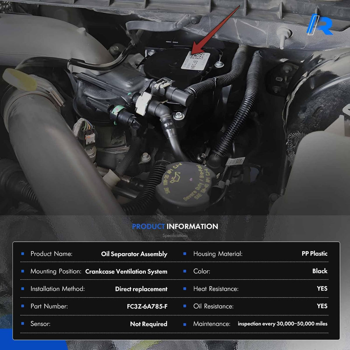 Air Oil Separator Assembly Fit for Ford F250 F350 Super Duty 2017-2019 6.7L Powerstroke Diesel - PCV CCV Vent Valve Engine Crankcase Replaces# FC3Z-6A785-F, FC3Z-6A785-D, FC3Z6A785F - without Sensor