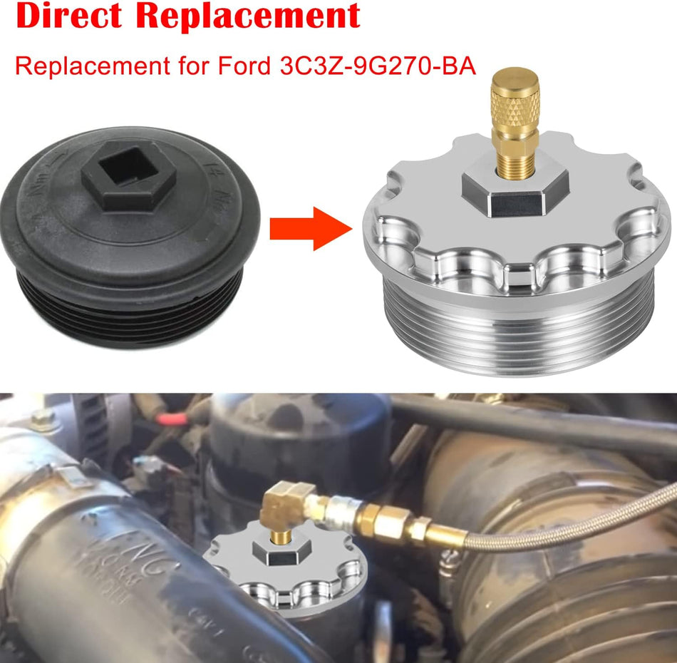 Fuel Filter Cap with Fuel Pressure Port Aluminum for 2003-2007 Ford Powerstroke Diesel 6.0L F250,F350,F450,F550,F650,F750,Excursion