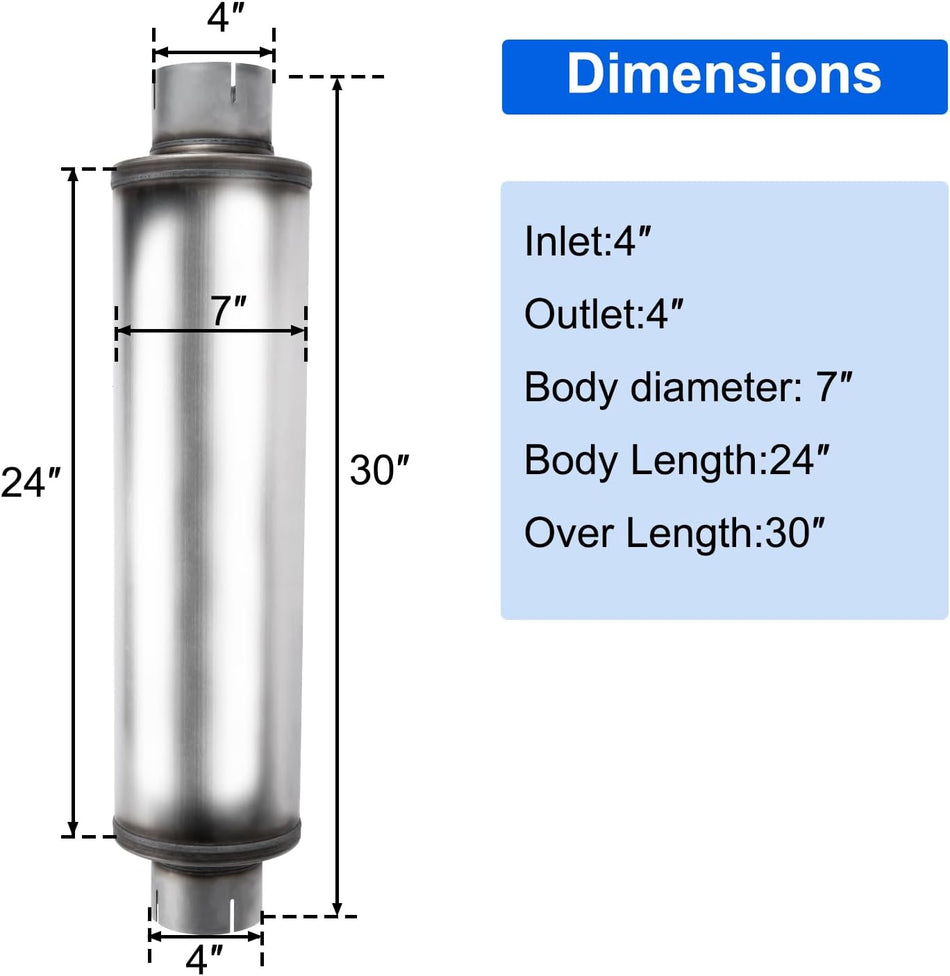 4'' Exhaust Muffler, 4'' Inlet/Outlet, Universal 30'' Overall Stainless Steel Straight through Design, Resonator Muffler