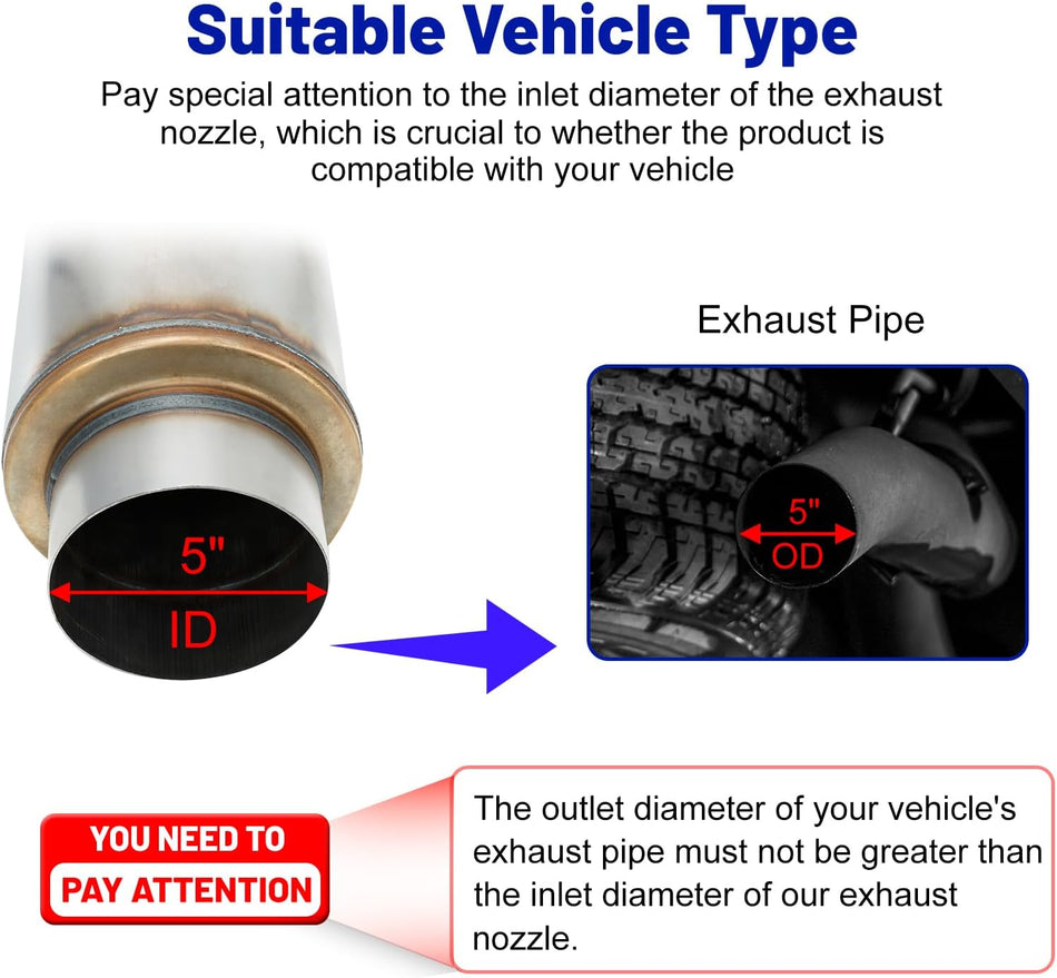 Exhaust Resonator 5" Inlet 5" Outlet High Performance Muffler 30" Inch Overall Stainless Steel Straight