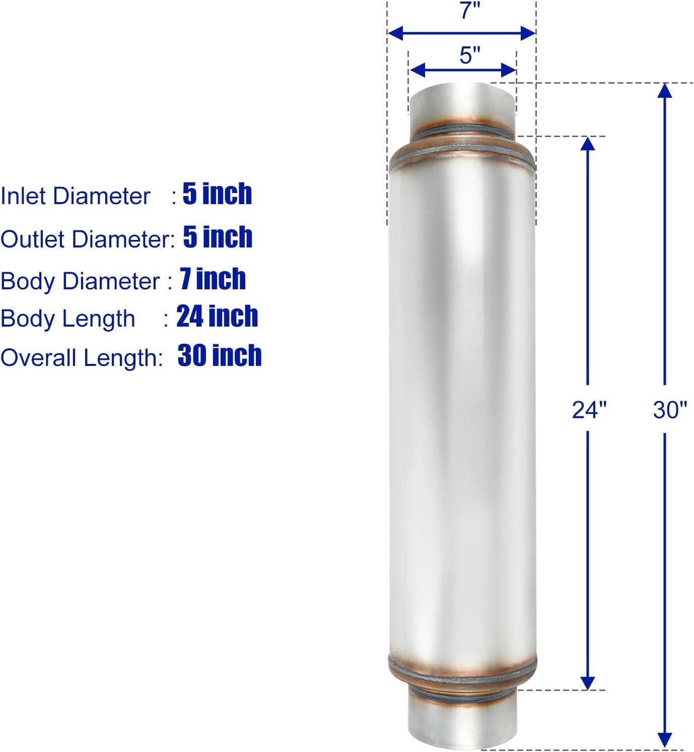 Exhaust Resonator 5" Inlet 5" Outlet High Performance Muffler 30" Inch Overall Stainless Steel Straight
