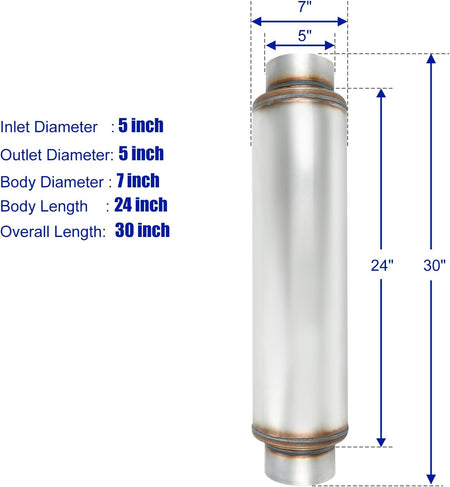 Exhaust Resonator 5" Inlet 5" Outlet High Performance Muffler 30" Inch Overall Stainless Steel Straight