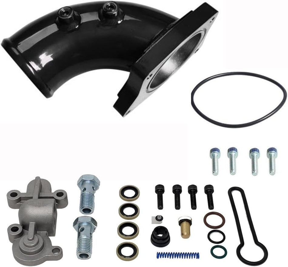 Black Intake Elbow Blue Spring - Fits 2003-2007 Ford 6.0L Powerstroke Diesel 6.0 F250 F350 F450 - DK Engine Parts