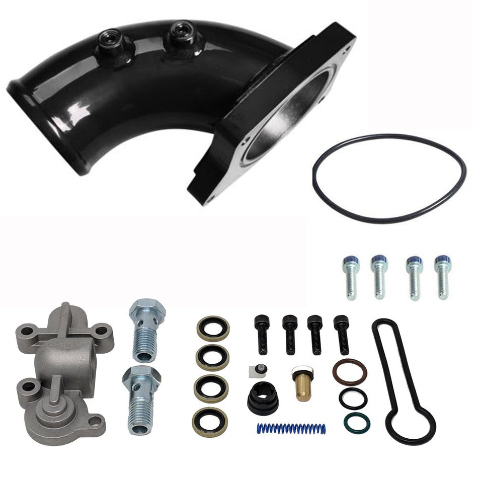 Black Intake Elbow Blue Spring - Fits 2003-2007 Ford 6.0L Powerstroke Diesel 6.0 F250 F350 F450 - DK Engine Parts